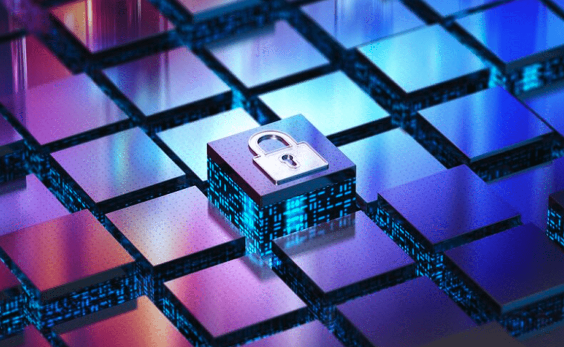 A grid of colourful blue and purple cubes. In the centre is a raised cube with an icon of a lock on it.