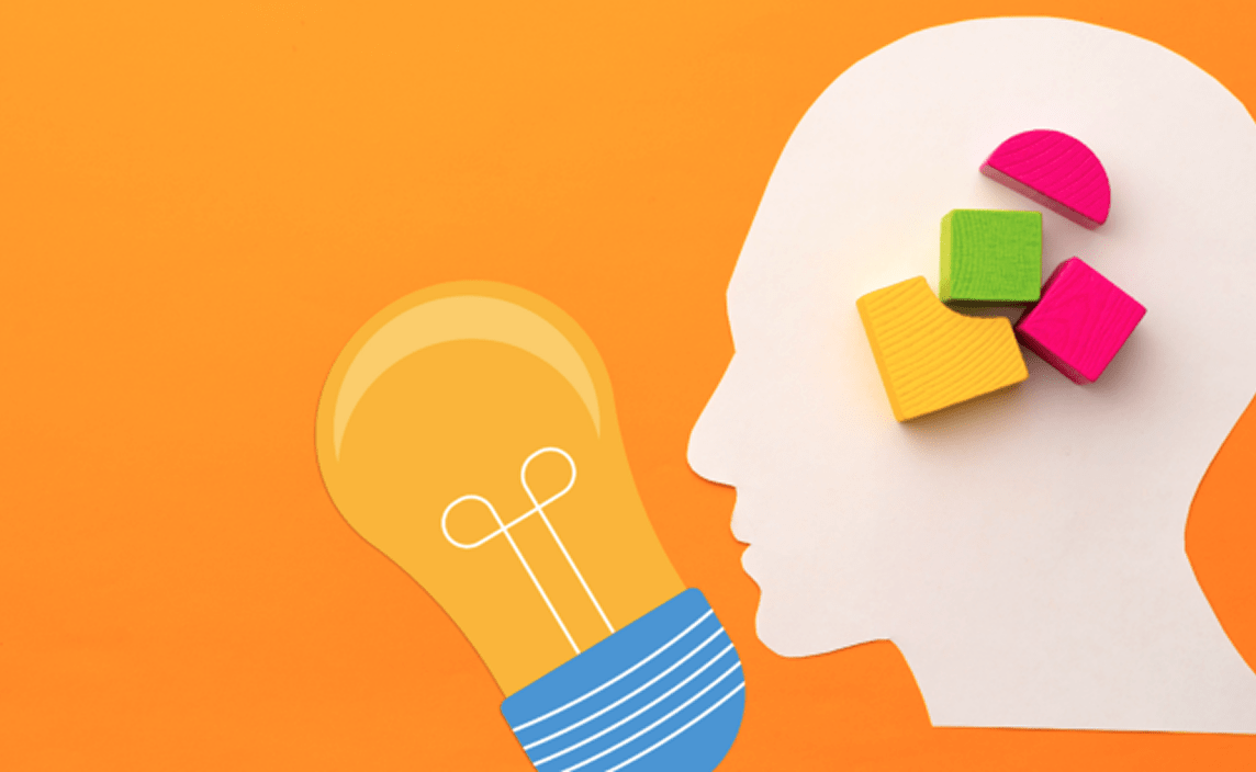An illustration of building blocks, a lightbulb and a silhouette of a head.